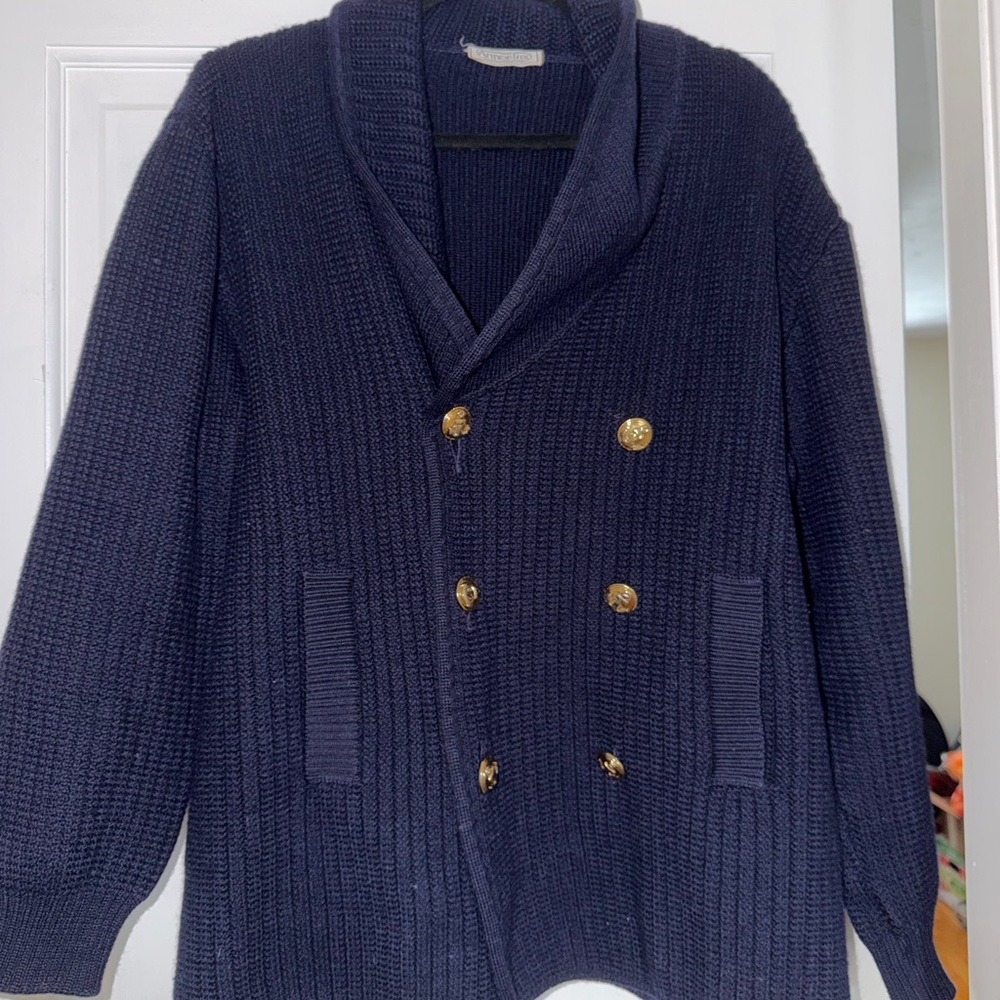 Armor Lux Navy Knit Nautical Cardigan- 100% Wool and Made in France - Large